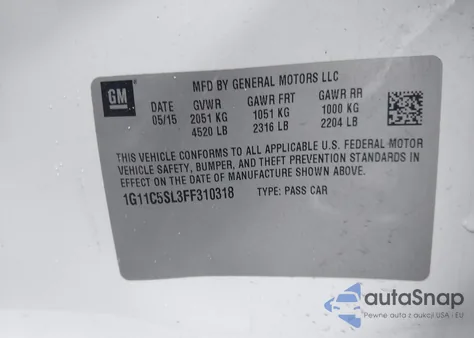 2015 Chevrolet Malibu 1Lt z USA, uszkodzony, nr VIN 1G11C5SL3FF310318